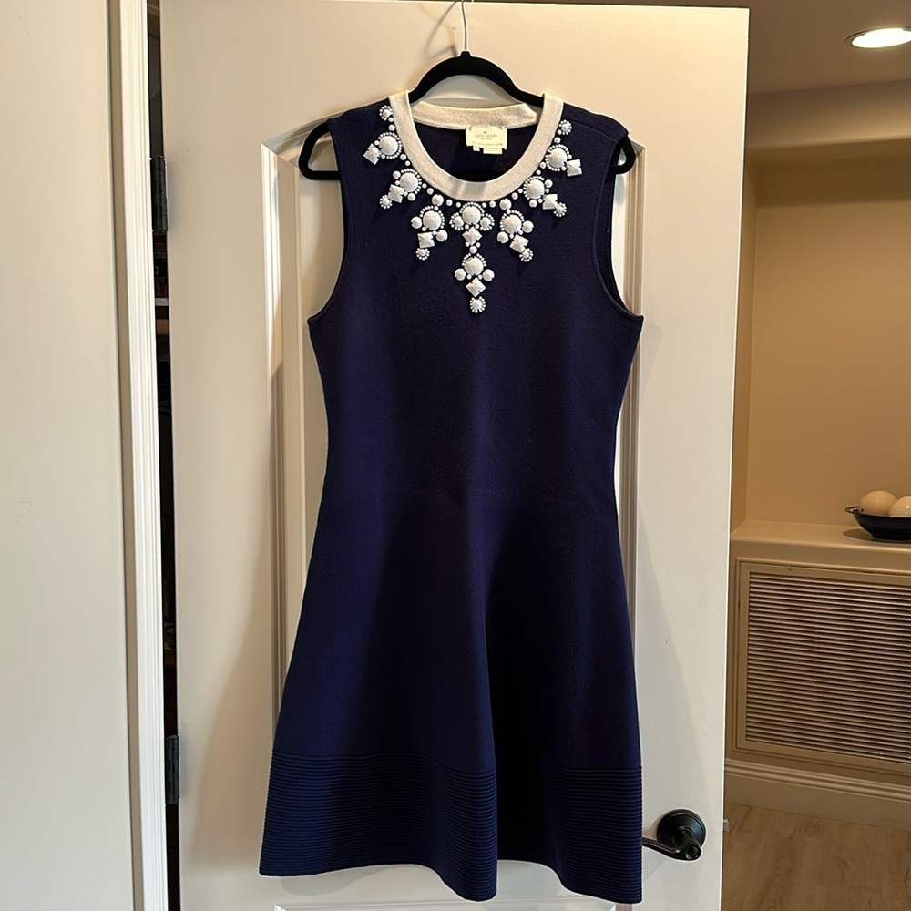 Kate Spade navy blue sleeveless dress size XL, white beading and cream neckline